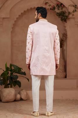 Light pink indo-western sherwani set with full computer embroidery, coloured buttons, and thread, lace, and stone work. 3
