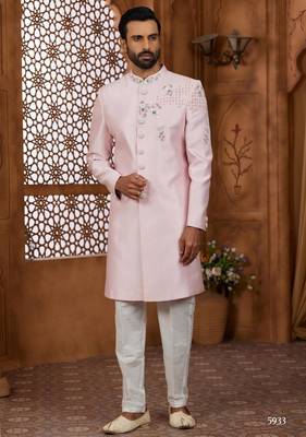 Peach classic indo-western sherwani set with handwork on the neck & buttons,resham thread, stone & beads work. 1