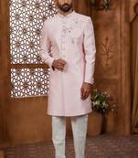 Peach classic indo-western sherwani set with handwork on the neck & buttons,resham thread, stone & beads work.