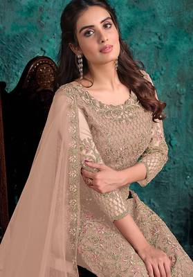 Beige embroidered net pant style salwar suit 2