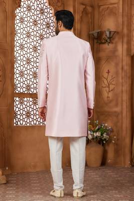 Peach classic indo-western sherwani set with handwork on the neck & buttons,resham thread, stone & beads work. 3