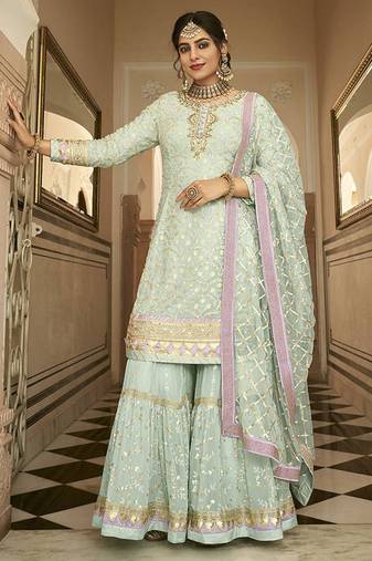 Sky blue color embroidered faux georgette palazzo kameez