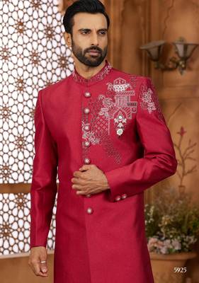 Red indo-western sherwani set with full computer embroidery, coloured buttons, and thread, lace, and stone work. 2
