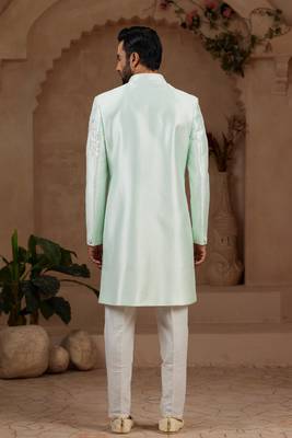 Mint green classic indo-western sherwani set with handwork on neck & buttons,resham thread, stone & beads work. 2