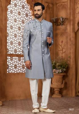 Grey classic indo-western sherwani set with handwork on the neck & buttons, featuring resham thread, stone & beads work. 1