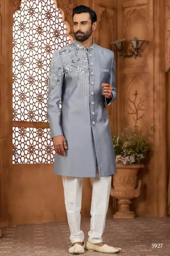 Grey classic indo-western sherwani set with handwork on the neck & buttons, featuring resham thread, stone & beads work.