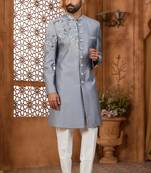 Grey classic indo-western sherwani set with handwork on the neck & buttons, featuring resham thread, stone & beads work.