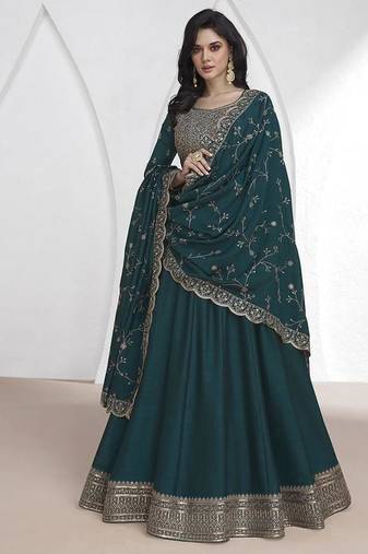 Vichitra silk teal embroidered designer anarkali suit