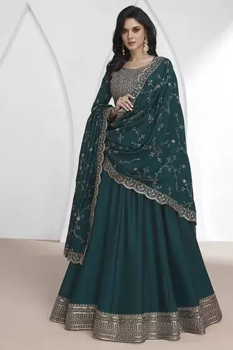 Vichitra silk teal embroidered designer anarkali suit