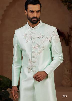 Mint green classic indo-western sherwani set with handwork on neck & buttons,resham thread, stone & beads work. 3