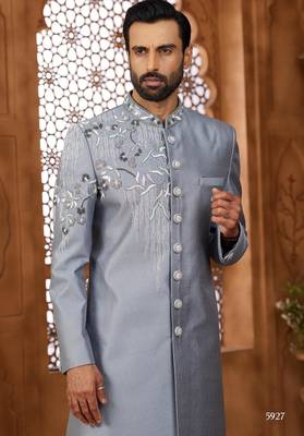 Grey classic indo-western sherwani set with handwork on the neck & buttons, featuring resham thread, stone & beads work. 2