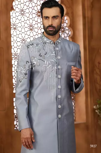 Grey classic indo-western sherwani set with handwork on the neck & buttons, featuring resham thread, stone & beads work.