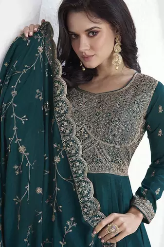 Vichitra silk teal embroidered designer anarkali suit