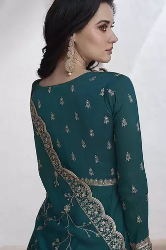 Vichitra silk teal embroidered designer anarkali suit