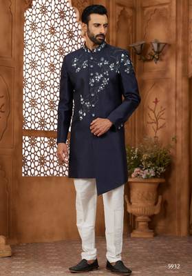 Blue classic indo-western sherwani set with handwork on the neck & buttons, featuring resham thread, stone & beads work. 1