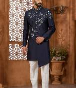 Blue classic indo-western sherwani set with handwork on the neck & buttons, featuring resham thread, stone & beads work.