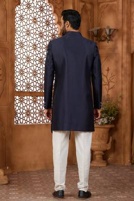 Blue classic indo-western sherwani set with handwork on the neck & buttons, featuring resham thread, stone & beads work. 3