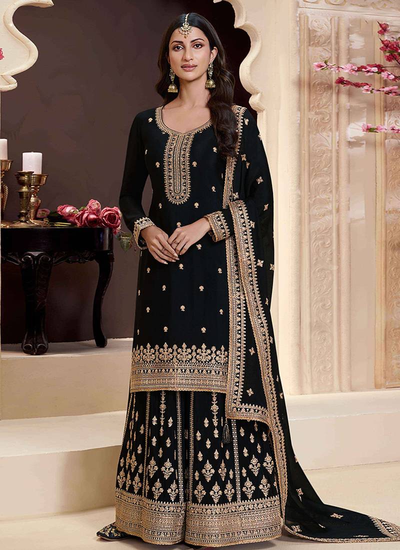 Black chinon embroidered designer sharara suit