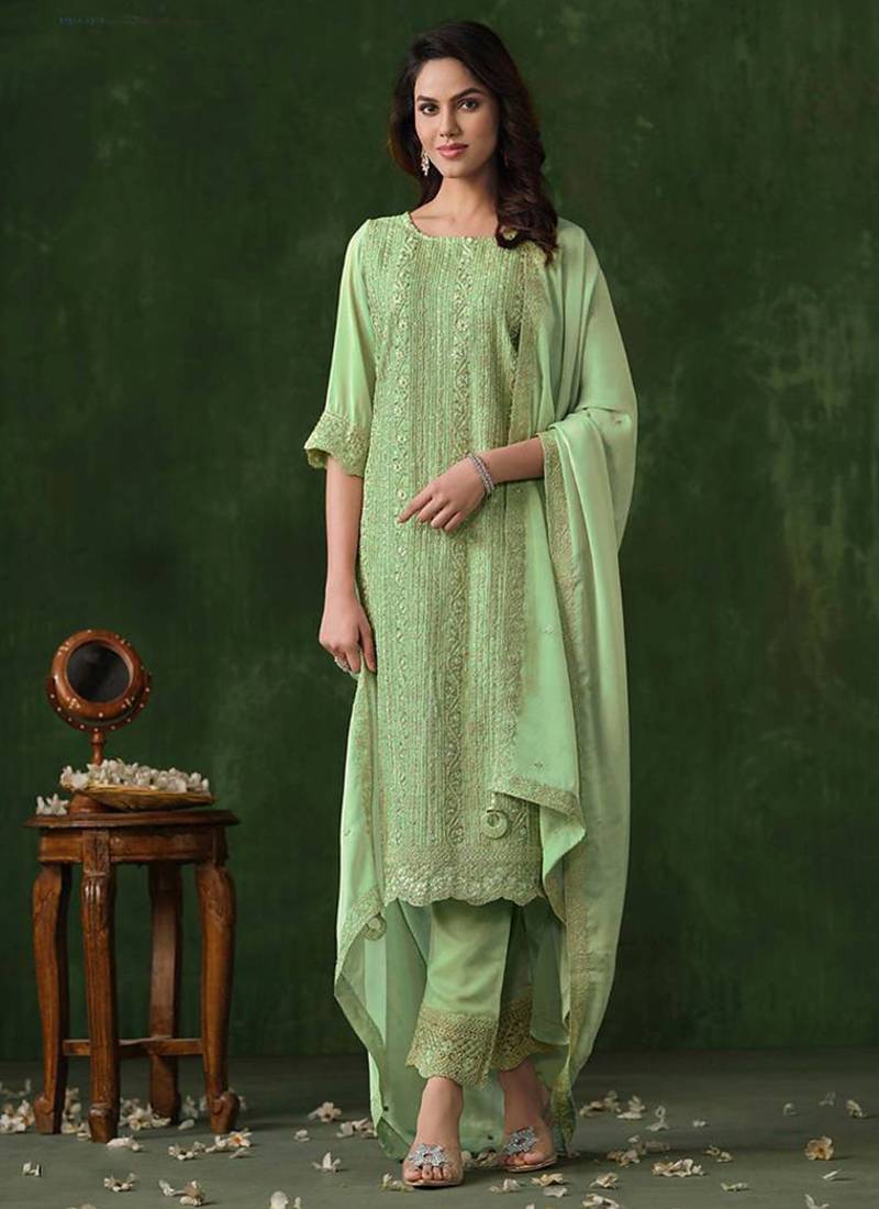Faux georgette codding sequins salwar kameez in light green