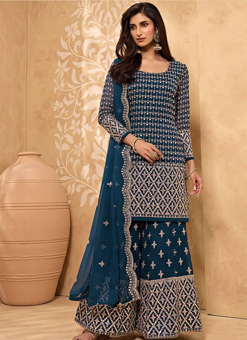 Dark teal embroidered faux georgette salwar kameez