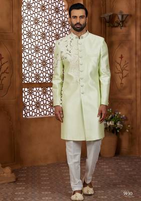 Pista green classic indo-western sherwani set with handwork on neck & buttons,resham thread, stone & beads work. 1