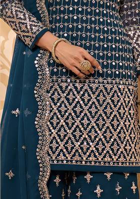 Dark teal embroidered faux georgette salwar kameez 4