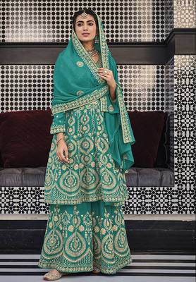 Faux georgette embroidered palazzo kameez in turquoise 3