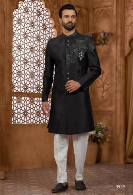 Black classic indo-western sherwani set with handwork on neck & buttons,resham thread, stone & beads work. 1
