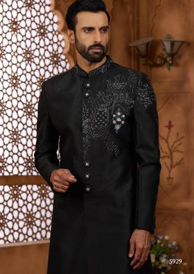 Black classic indo-western sherwani set with handwork on neck & buttons,resham thread, stone & beads work. 2