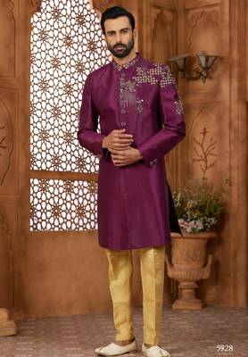 Purple classic indo-western sherwani set with handwork on neck & buttons,resham thread, stone & beads work. 1