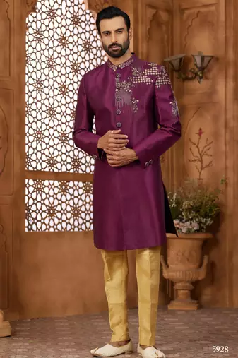 Purple classic indo-western sherwani set with handwork on neck & buttons,resham thread, stone & beads work.