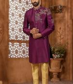 Purple classic indo-western sherwani set with handwork on neck & buttons,resham thread, stone & beads work.