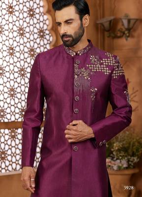 Purple classic indo-western sherwani set with handwork on neck & buttons,resham thread, stone & beads work. 2