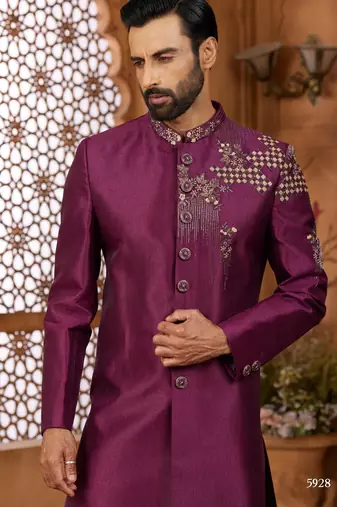 Purple classic indo-western sherwani set with handwork on neck & buttons,resham thread, stone & beads work.