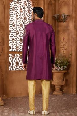 Purple classic indo-western sherwani set with handwork on neck & buttons,resham thread, stone & beads work. 3