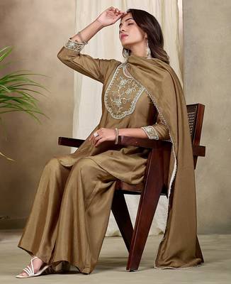 Beige embroidered vichitra silk kurti with plazzo and duppata set 1