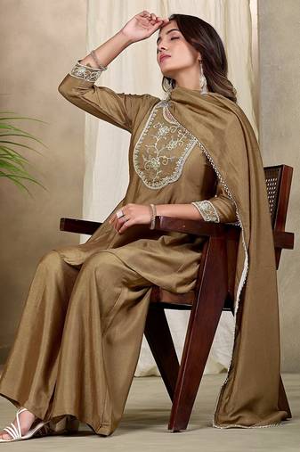 Beige embroidered vichitra silk kurti with plazzo and duppata set