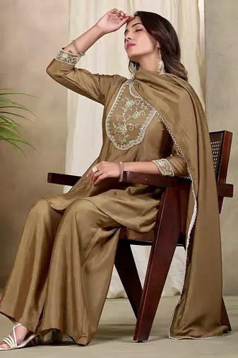 Beige embroidered vichitra silk kurti with plazzo and duppata set