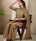 Beige embroidered vichitra silk kurti with plazzo and duppata set