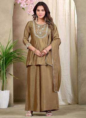 Beige embroidered vichitra silk kurti with plazzo and duppata set 2