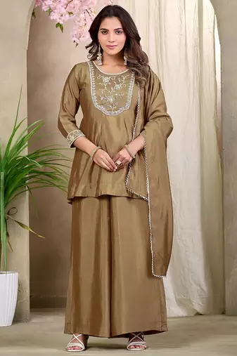Beige embroidered vichitra silk kurti with plazzo and duppata set