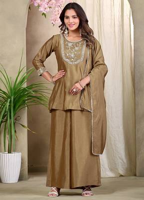 Beige embroidered vichitra silk kurti with plazzo and duppata set 3