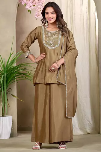 Beige embroidered vichitra silk kurti with plazzo and duppata set