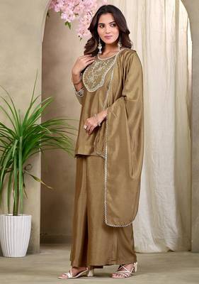 Beige embroidered vichitra silk kurti with plazzo and duppata set 4