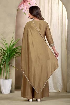 Beige embroidered vichitra silk kurti with plazzo and duppata set 5