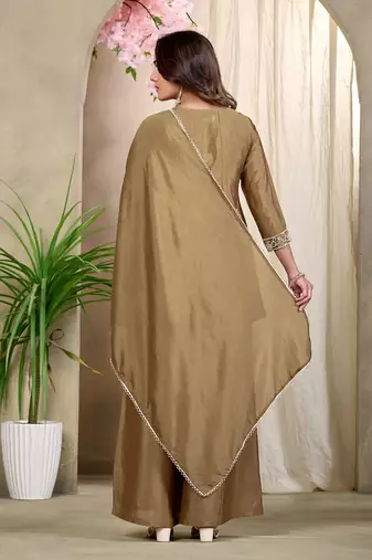 Beige embroidered vichitra silk kurti with plazzo and duppata set