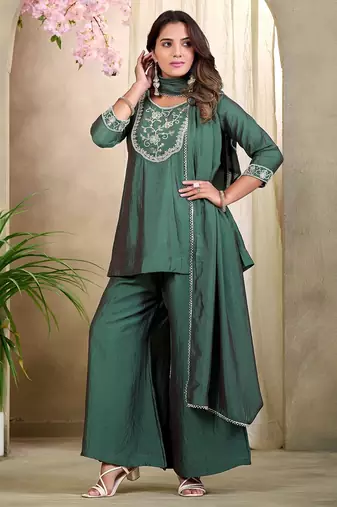 Green embroidered vichitra silk kurti with plazzo and duppata set