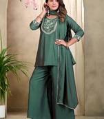 Green embroidered vichitra silk kurti with plazzo and duppata set