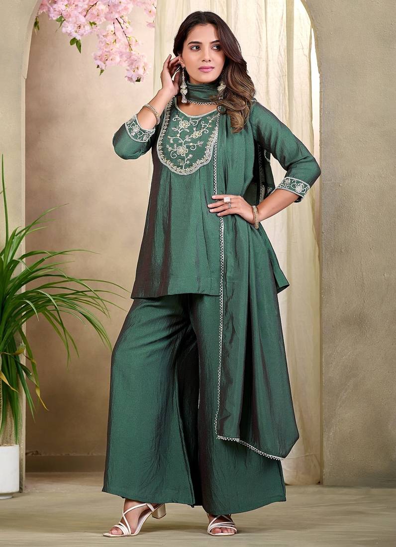 Green embroidered vichitra silk kurti with plazzo and duppata set
