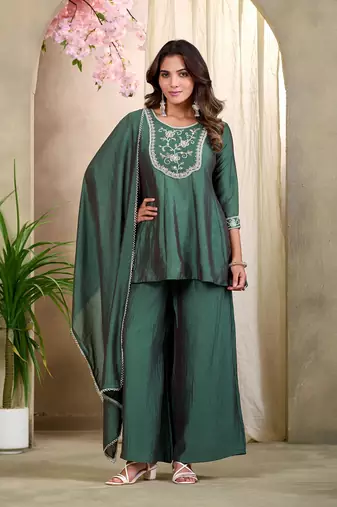 Green embroidered vichitra silk kurti with plazzo and duppata set